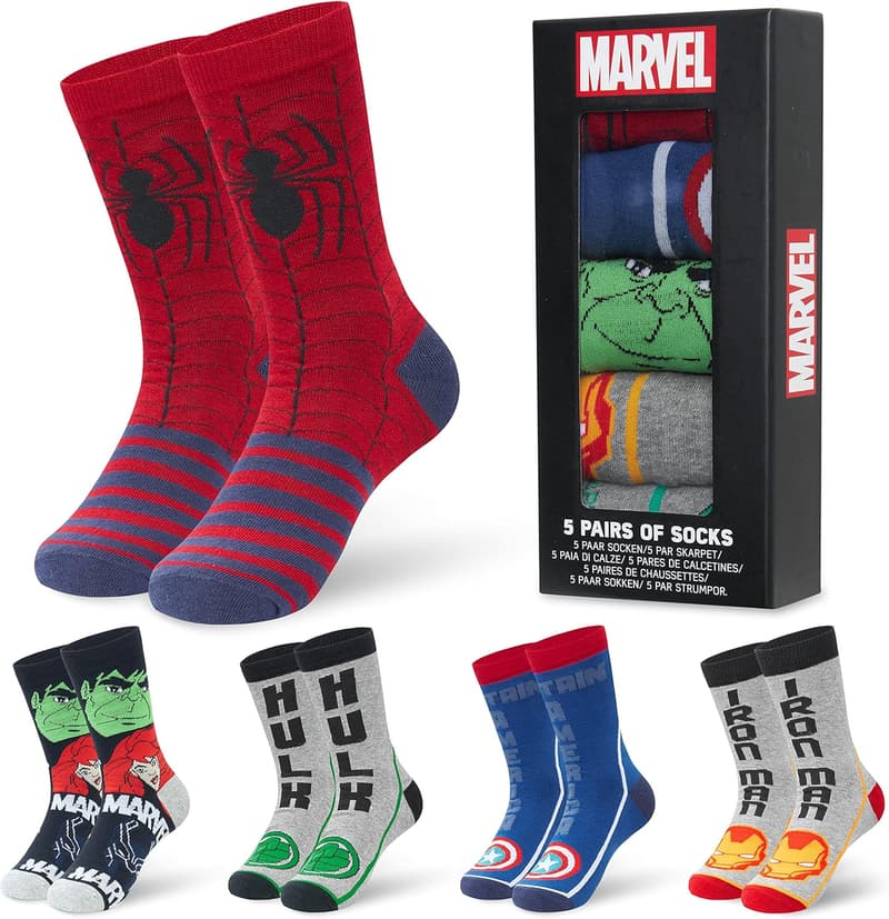 Men's Marvel Crew Socks - Soft Pack of 5 for Sports & Casual Wear