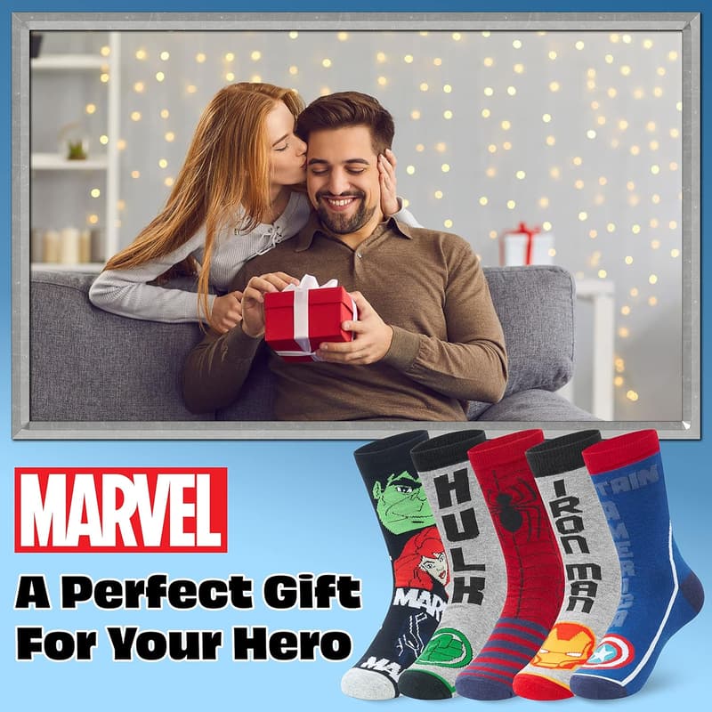 Men's Marvel Crew Socks - Soft Pack of 5 for Sports & Casual Wear