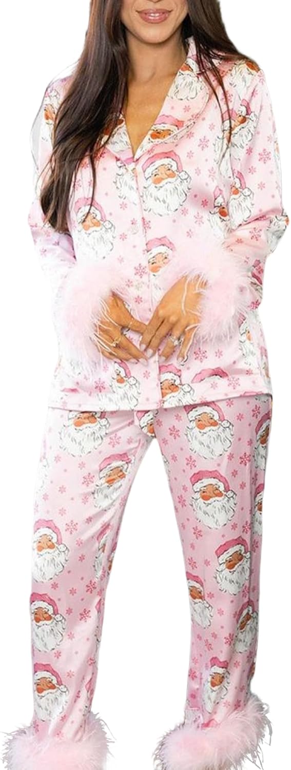 Women's Christmas Pajama Set - Long Sleeve Button-Up Top & Pants