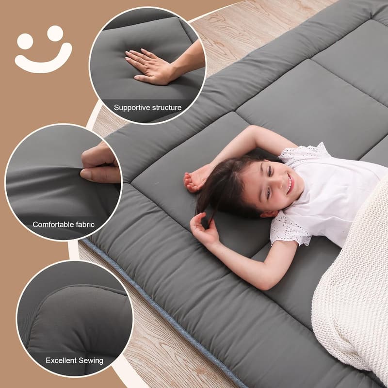 Foldable Grey Japanese Futon Mattress with Memory Foam for Twin Size