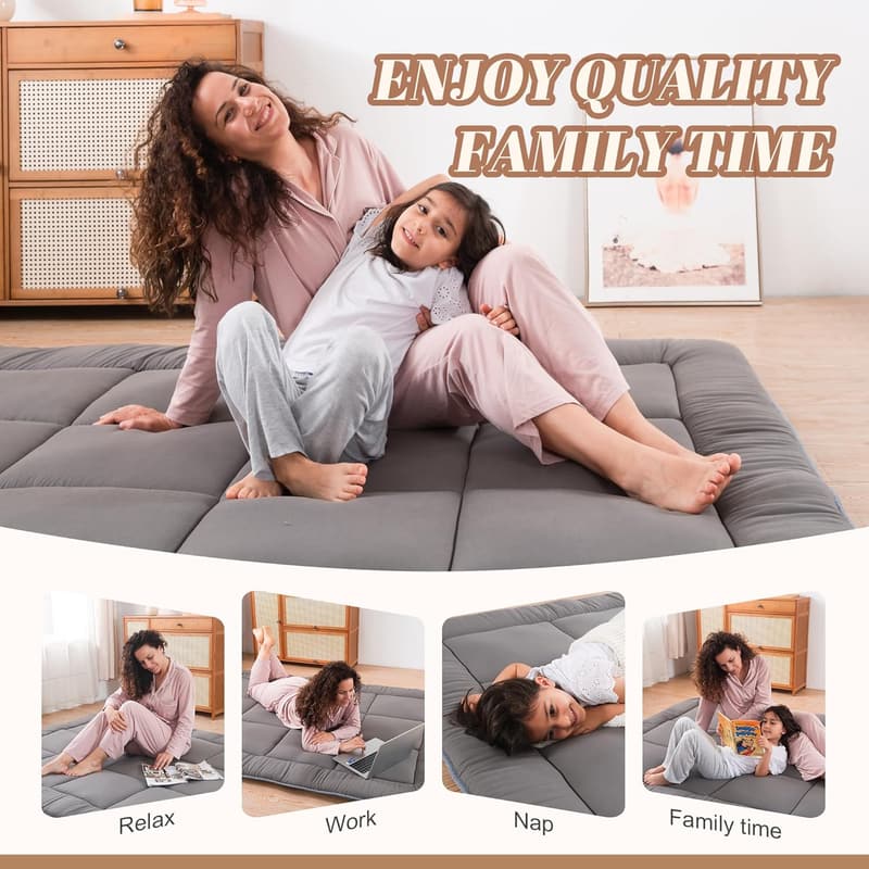 Foldable Grey Japanese Futon Mattress with Memory Foam for Twin Size