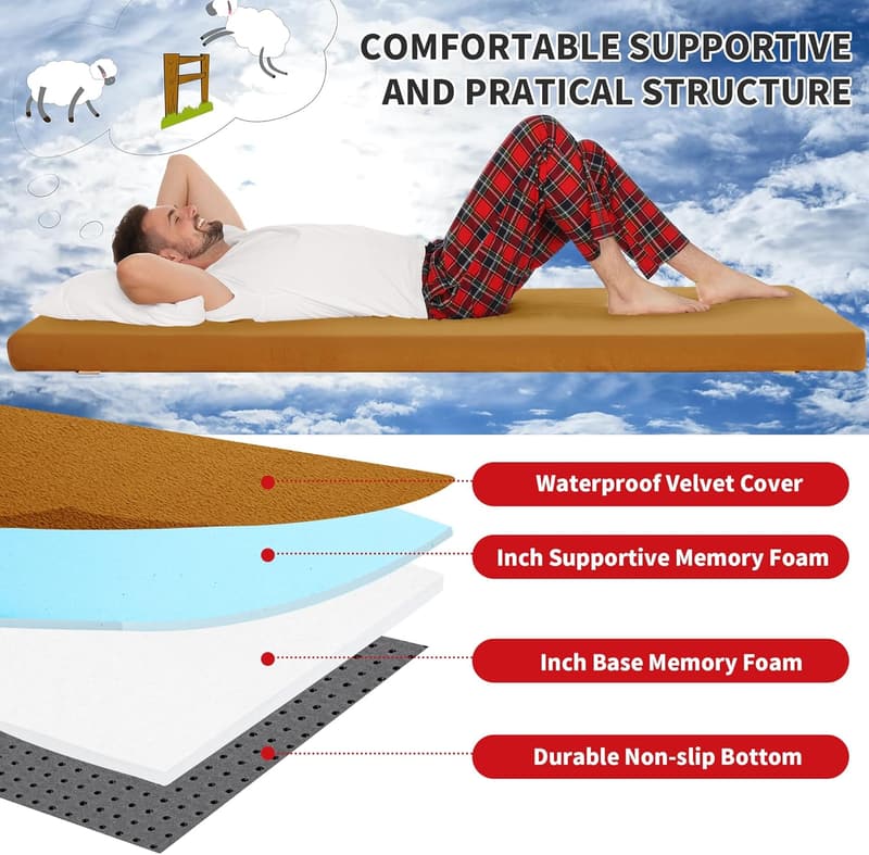 Portable Waterproof Memory Foam Camping Mattress Pad 3-Inch