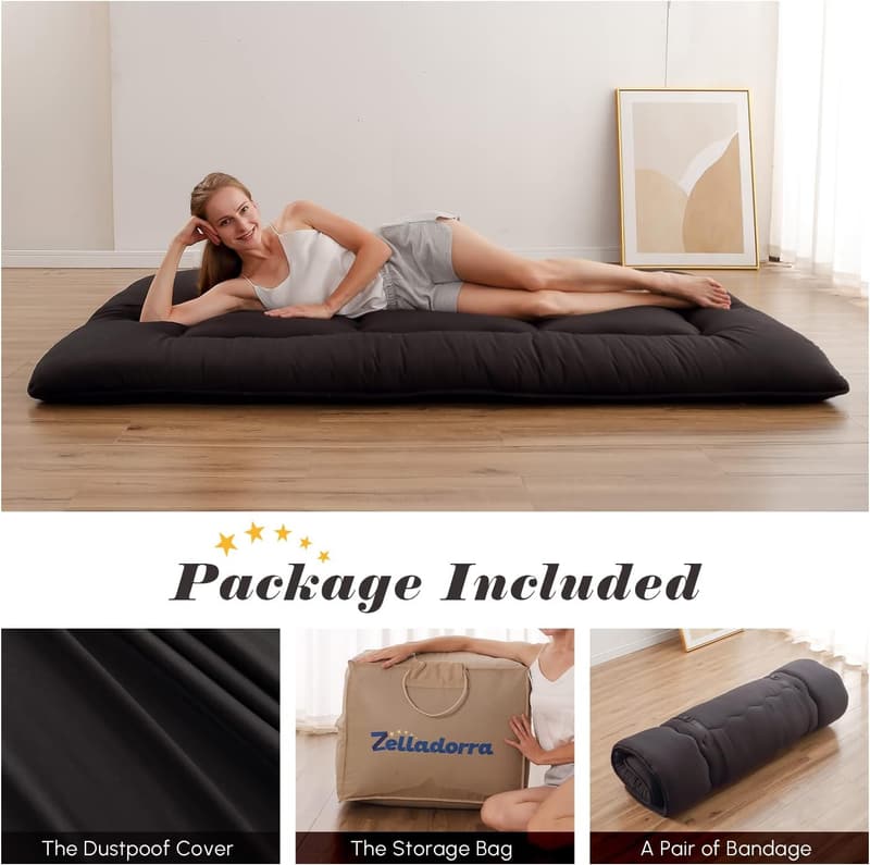 Portable Black Japanese Futon Mattress with Washable Cover