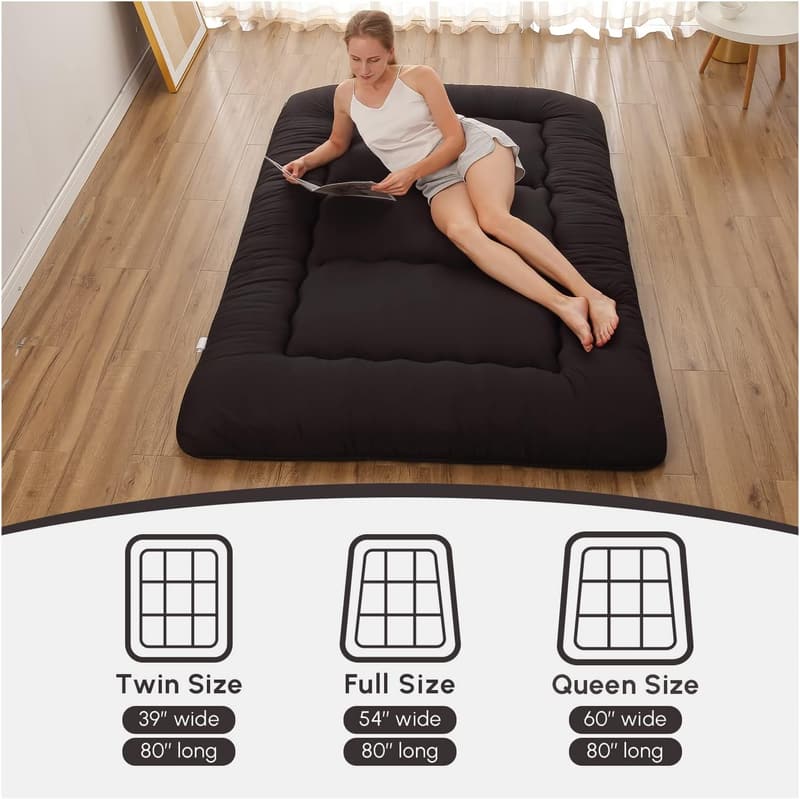 Portable Black Japanese Futon Mattress with Washable Cover
