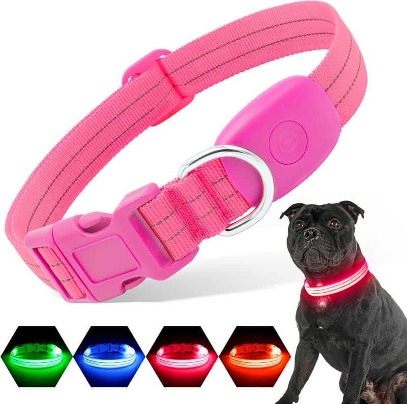 Reflective LED Glow Dog Collar for Safe Night Walks - Pink, Small