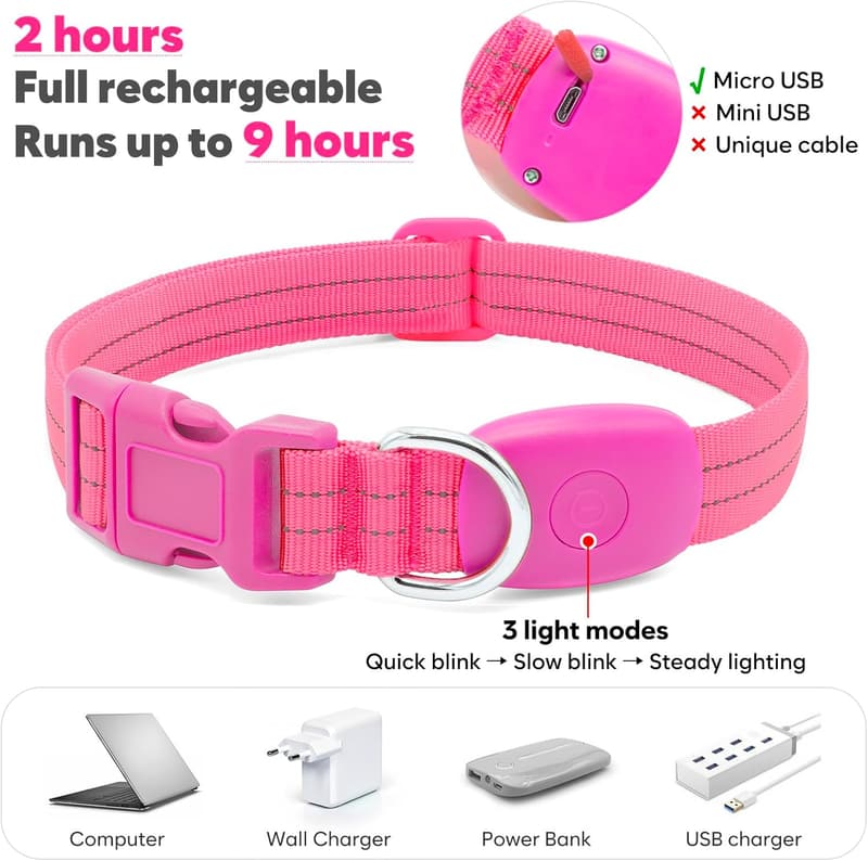 Reflective LED Glow Dog Collar for Safe Night Walks - Pink, Small