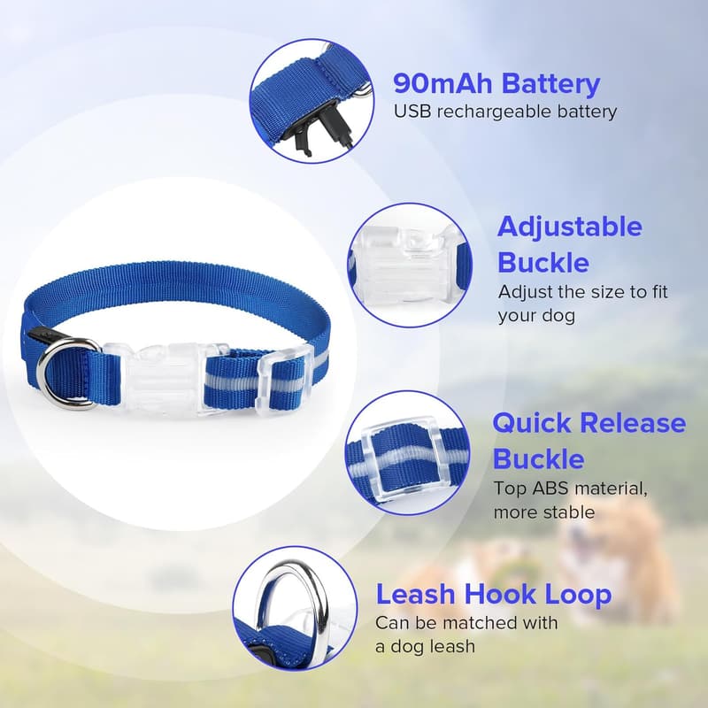 Rechargeable LED Dog Collar for Night Walking, Blue, Small