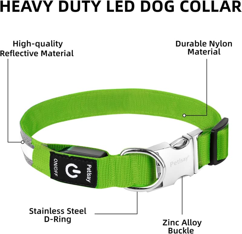 Rechargeable LED Dog Collar with Metal Buckle - Waterproof, Medium Green
