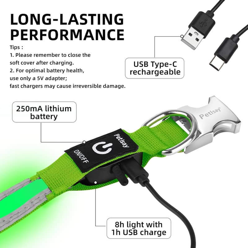 Rechargeable LED Dog Collar with Metal Buckle - Waterproof, Medium Green