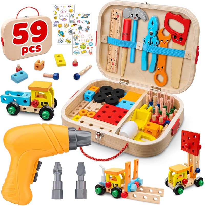 Montessori STEM Wooden Tool Set for Boys - 59 Pcs Age 3-6