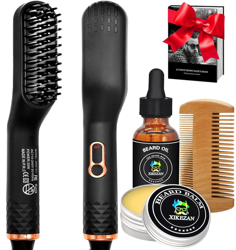 Beard Straightener Set with Balm, Oil & Guide - Great Gifts for Men