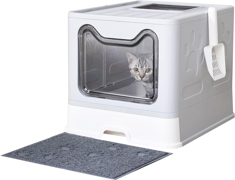 Large Foldable Cat Litter Box with Lid and Mat, Odor Control
