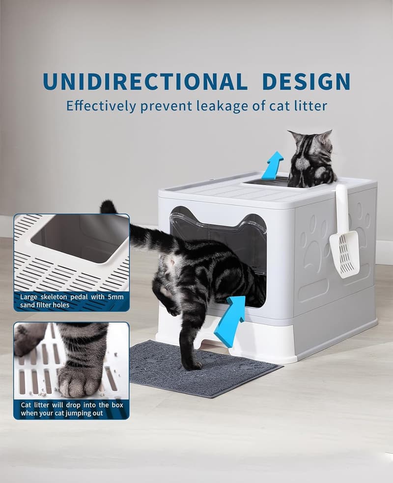 Large Foldable Cat Litter Box with Lid and Mat, Odor Control