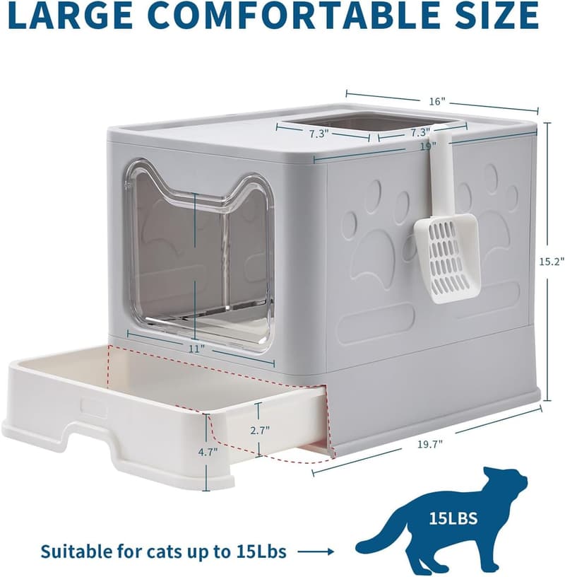 Large Foldable Cat Litter Box with Lid and Mat, Odor Control