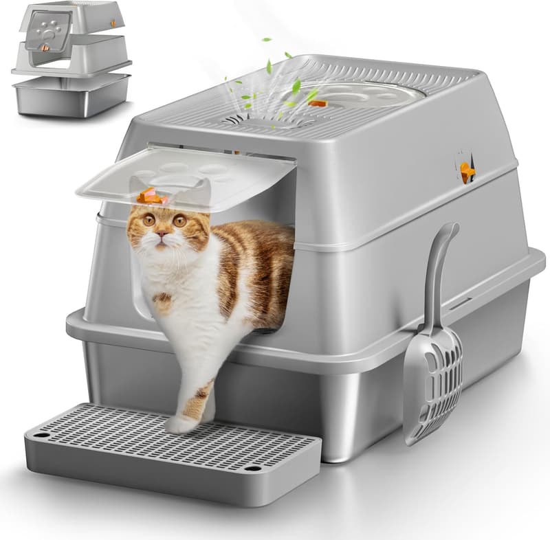 XL Stainless Steel Enclosed Cat Litter Box with Lid