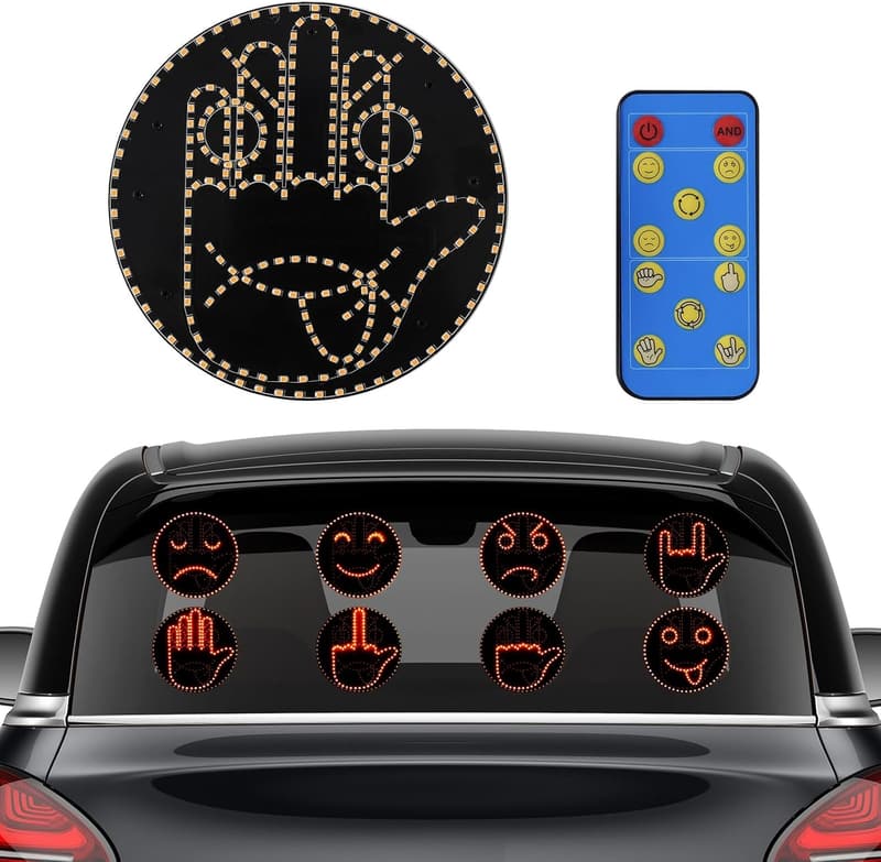 Remote-Controlled LED Car Sign with 4 Emojis and Middle Finger Gesture