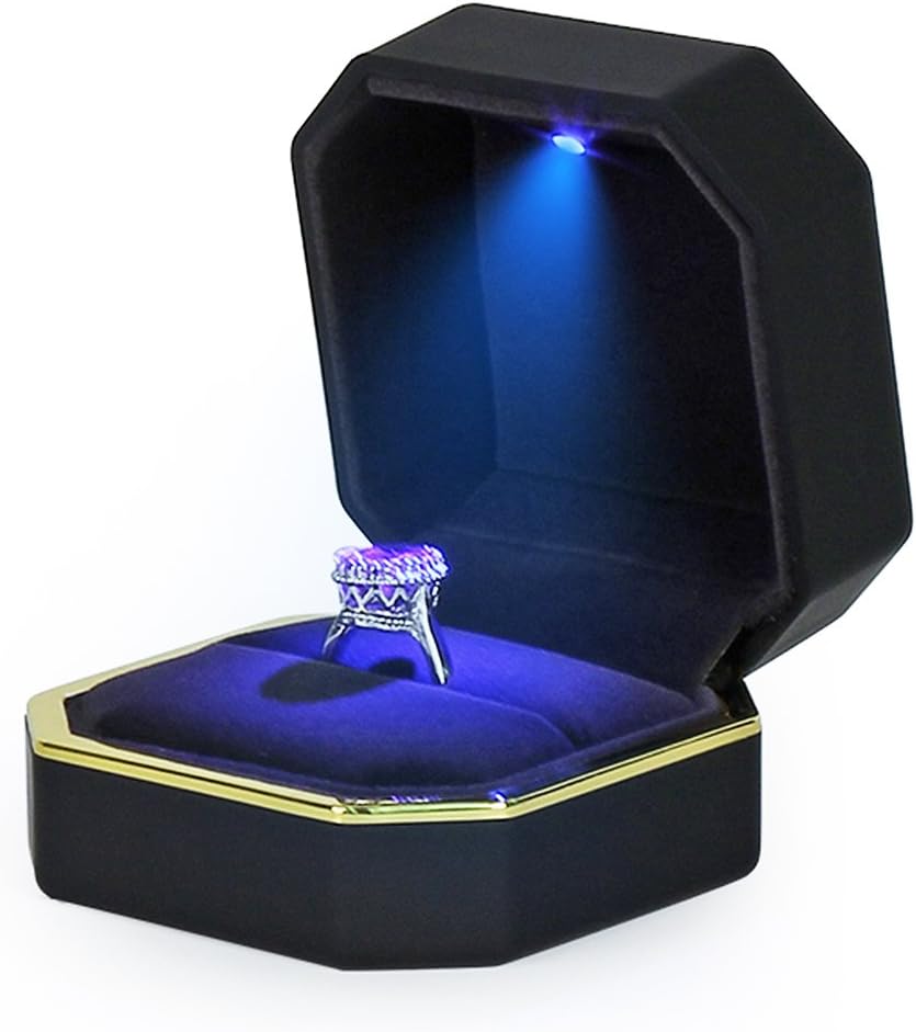 Black Velvet Wedding Ring Box with LED Light for Proposal
