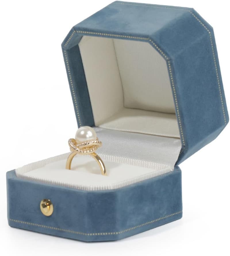 Octagon Velvet Engagement Ring Box with Gold Lace