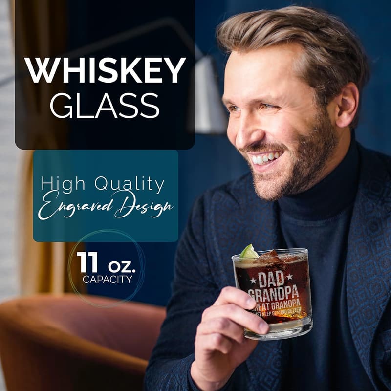 Father's Day Engraved Whiskey Glass for Dad & Grandpa - 11 oz.