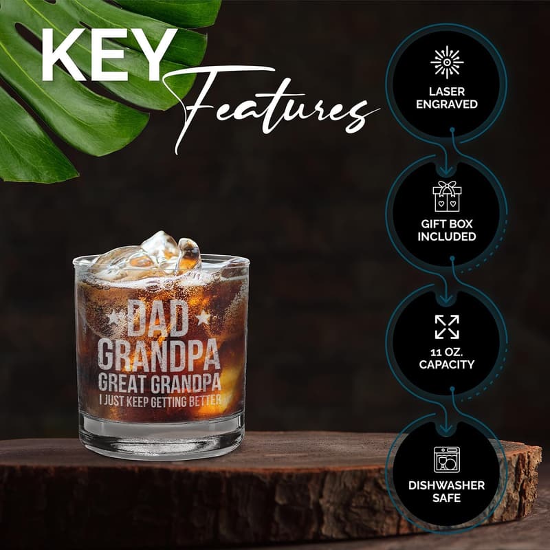 Father's Day Engraved Whiskey Glass for Dad & Grandpa - 11 oz.