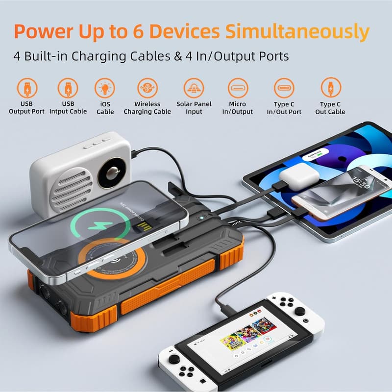 Portable 49800mAh Solar Power Bank with 4 Built-In Cables