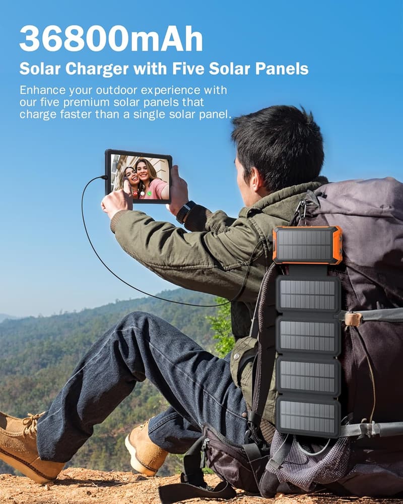 36800mAh Solar Power Bank with Wireless Charging & 5 Outputs