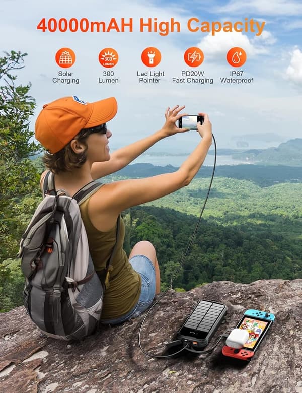 Portable Solar Power Bank Charger, 40000mAh, PD 20W Fast Charging