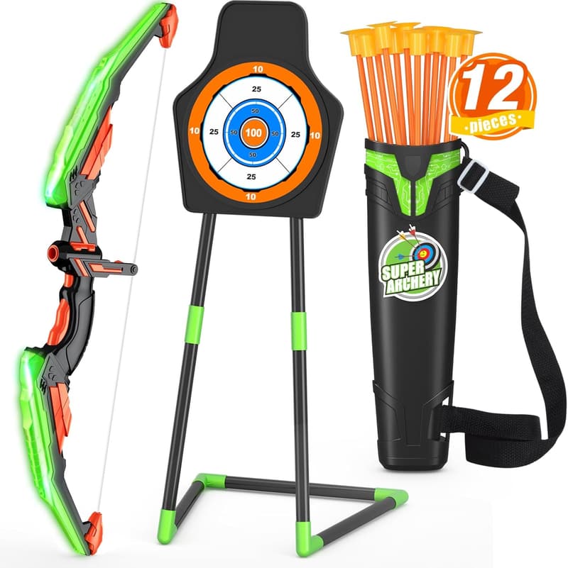 LED Light-Up Archery Set with 12 Arrows & Target - Kids Ages 4-12