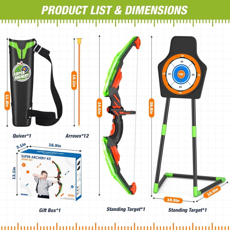 LED Light-Up Archery Set with 12 Arrows & Target - Kids Ages 4-12