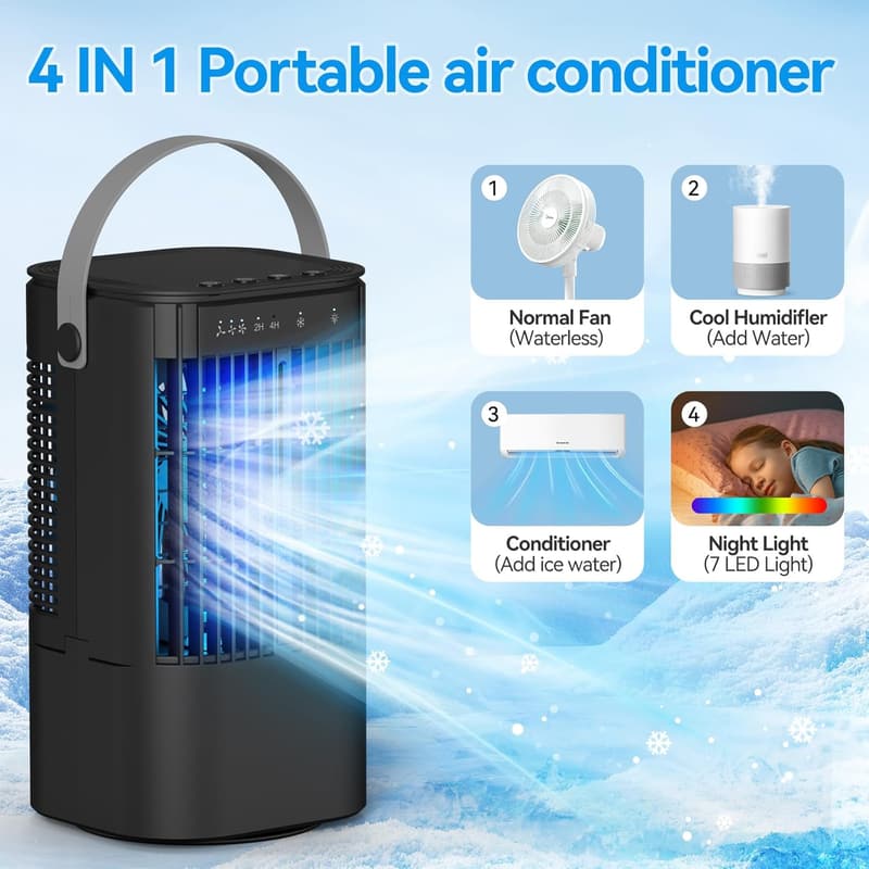 4-in-1 Mini Air Conditioner with 1000ml Tank & LED Lights