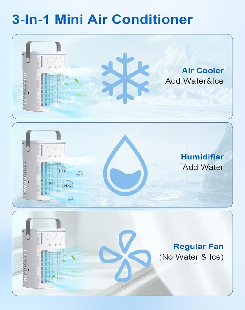 3-in-1 Mini Air Conditioner with Timer & USB Charging