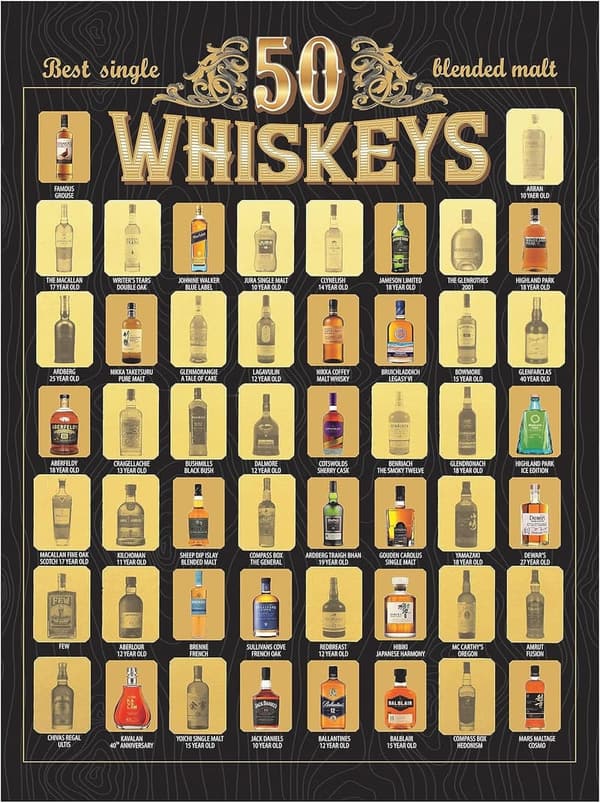 Whiskey Bucket List Scratch-Off Poster for Men’s Bars or Offices