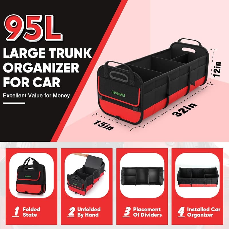 Collapsible Multi-Compartment Car Trunk Organizer - Red