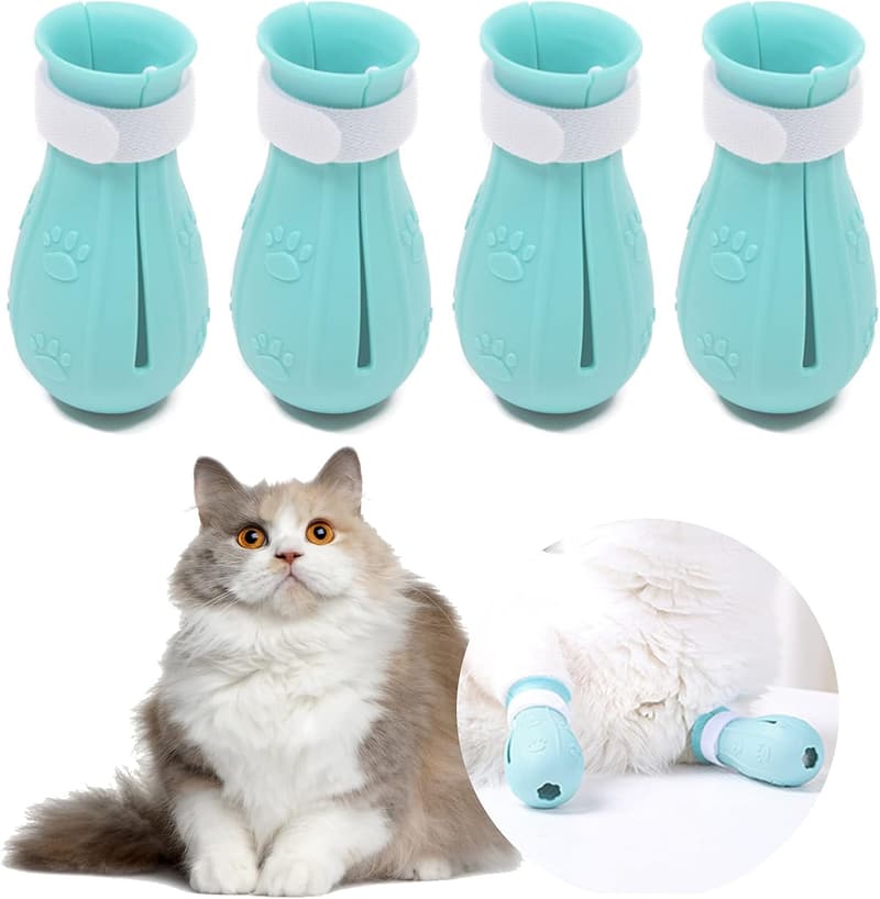 Light Blue Cat Booties - Silicone Paw Protectors for Cats