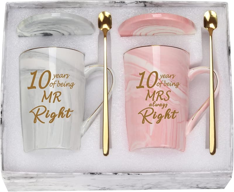 10th Anniversary Coffee Mugs Set for Couples, 14 oz.