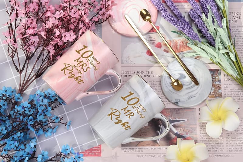 10th Anniversary Coffee Mugs Set for Couples, 14 oz.