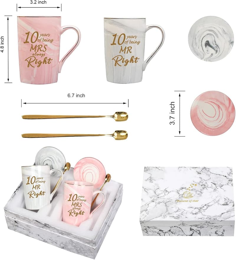 10th Anniversary Coffee Mugs Set for Couples, 14 oz.