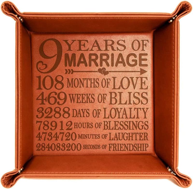 9th Anniversary Engraved Leather Valet Tray for Couples