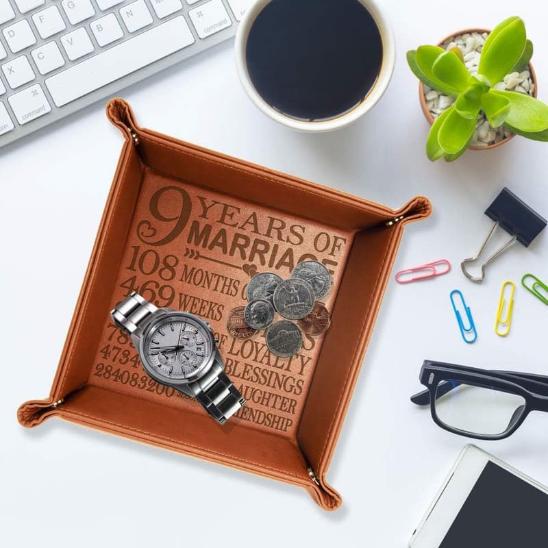 9th Anniversary Engraved Leather Valet Tray for Couples