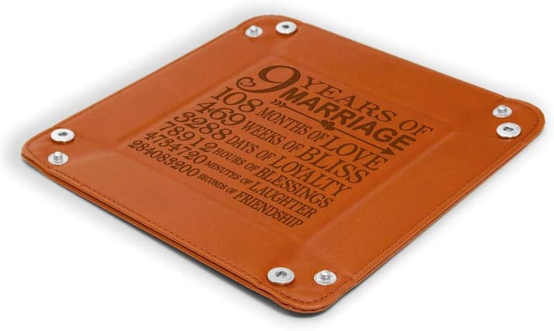 9th Anniversary Engraved Leather Valet Tray for Couples