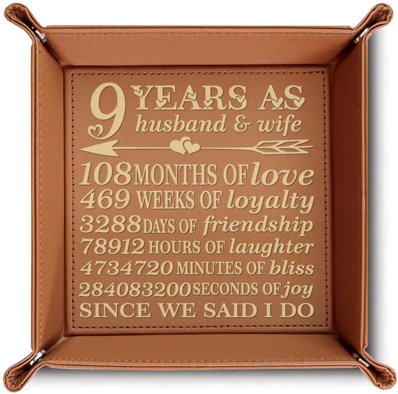 9th Anniversary Engraved Leather Tray for Couples