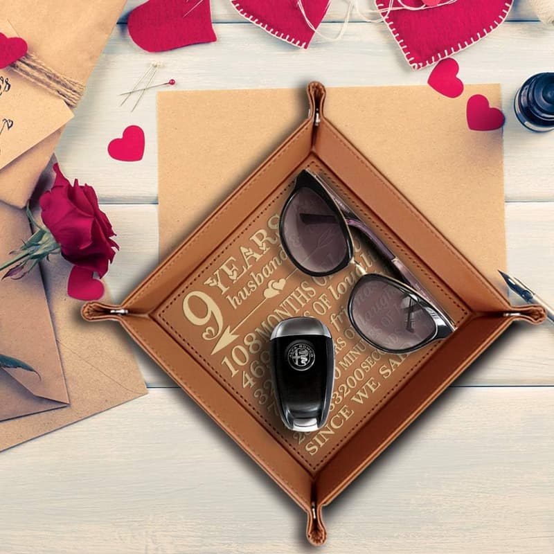 9th Anniversary Engraved Leather Tray for Couples