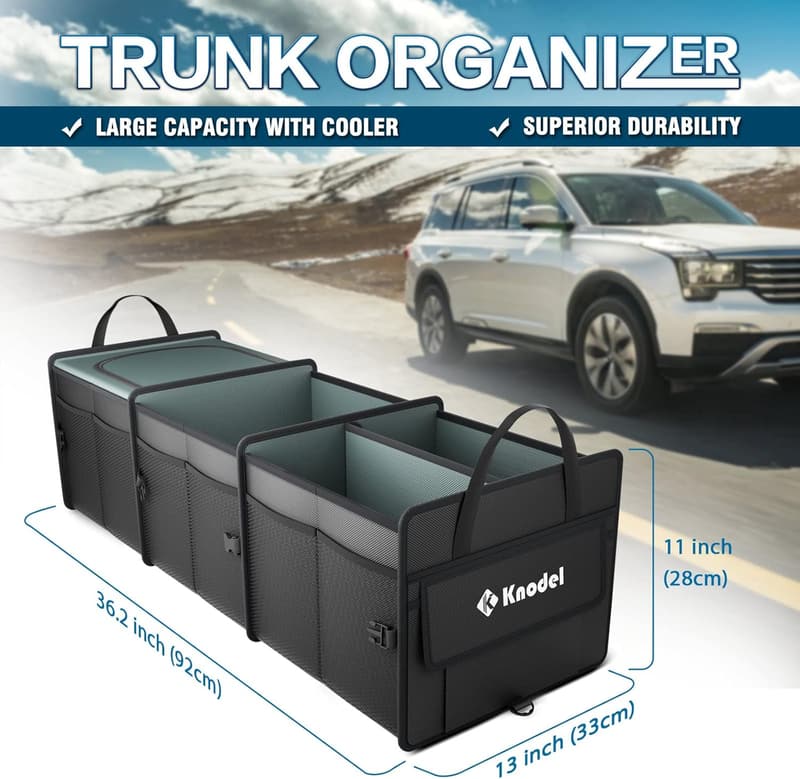 Car Trunk Organizer with Insulated Cooler Bag - Heavy Duty Black