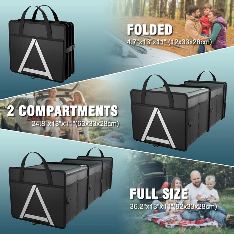 Car Trunk Organizer with Insulated Cooler Bag - Heavy Duty Black