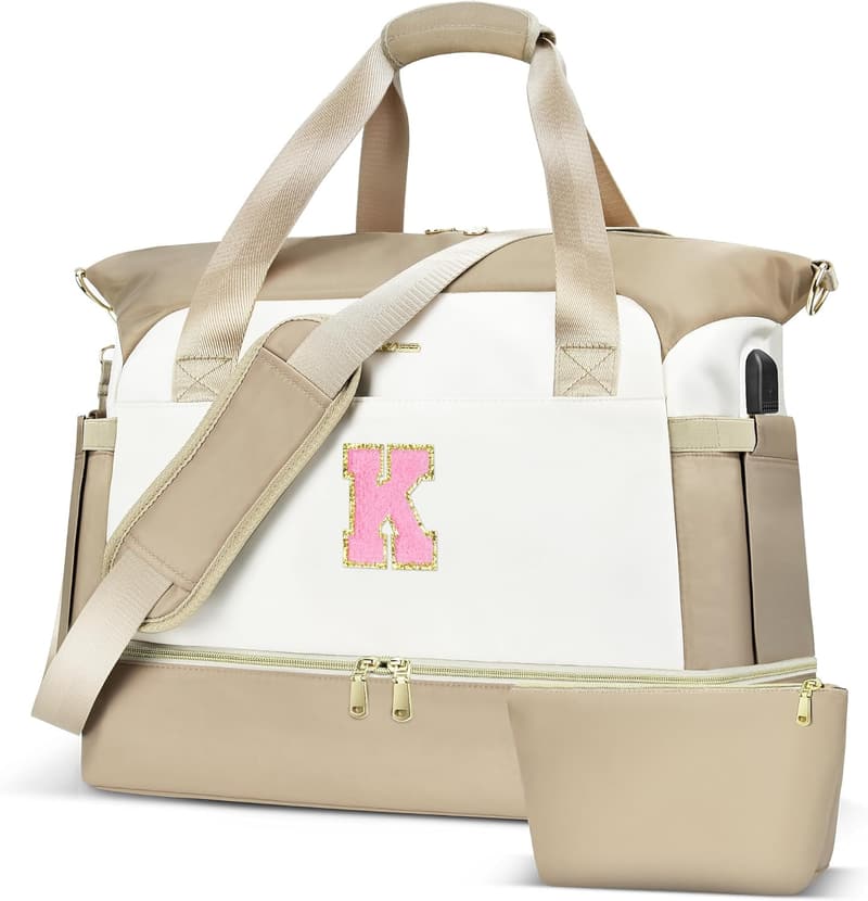 Personalized Beige Travel Duffel Bag with USB Port for Women