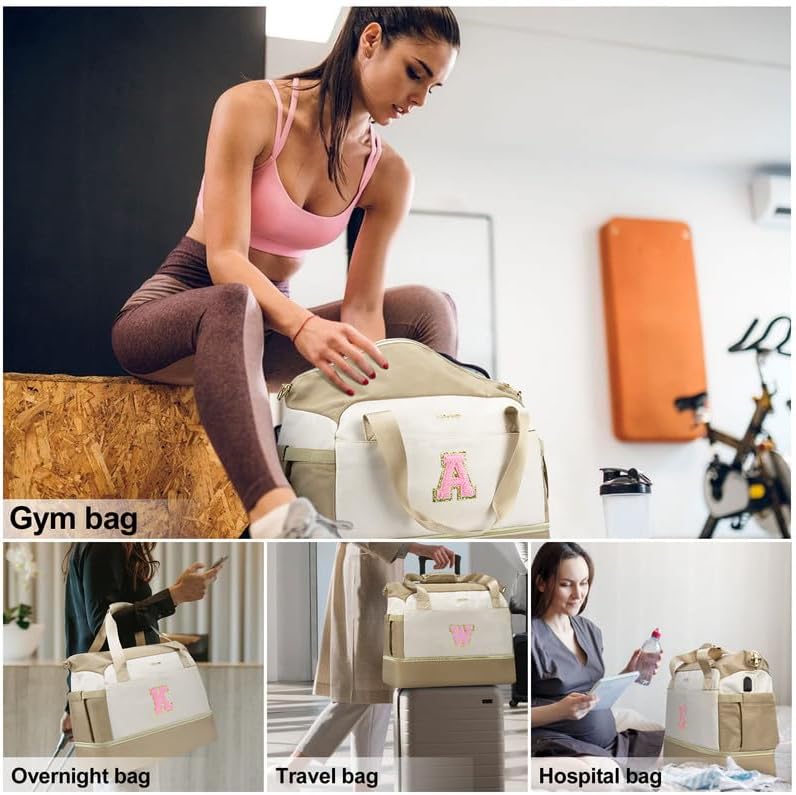Personalized Beige Travel Duffel Bag with USB Port for Women