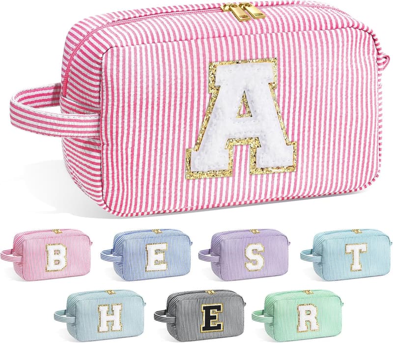 Birthday Gift - Pink Initial Makeup Bag for Women & Teens