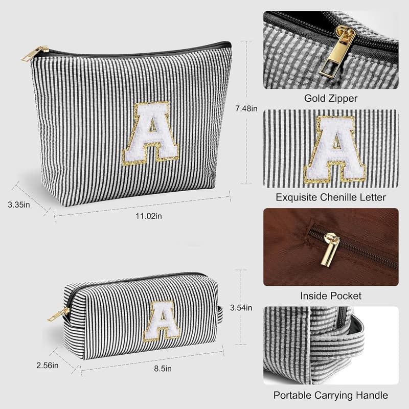 Personalized Initial Makeup Bag for Teens - Black Travel Toiletry