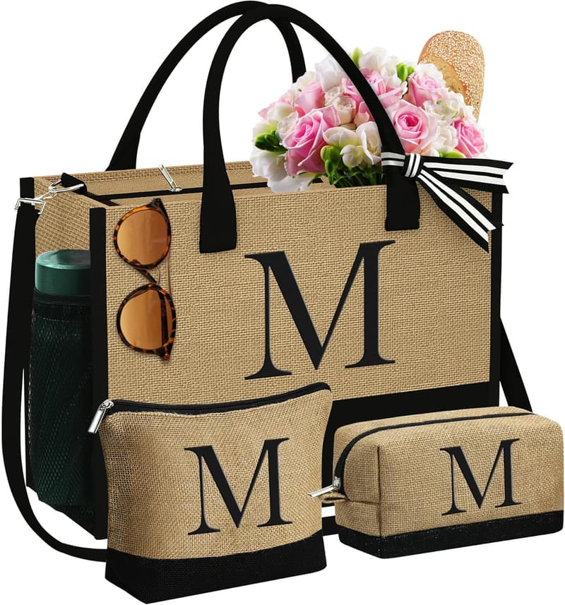 Personalized Initial Jute Tote & Makeup Bags for Women