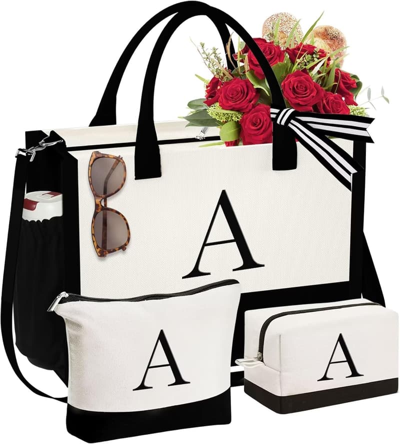 Birthday Gift Initial Canvas Tote & Makeup Bag for Women